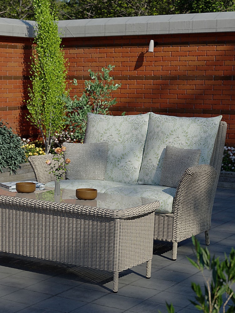 Laura Ashley Sage Green Garden Wilton Lounging Sofa in Gosford Cranberry Cushions - Image 1 of 4