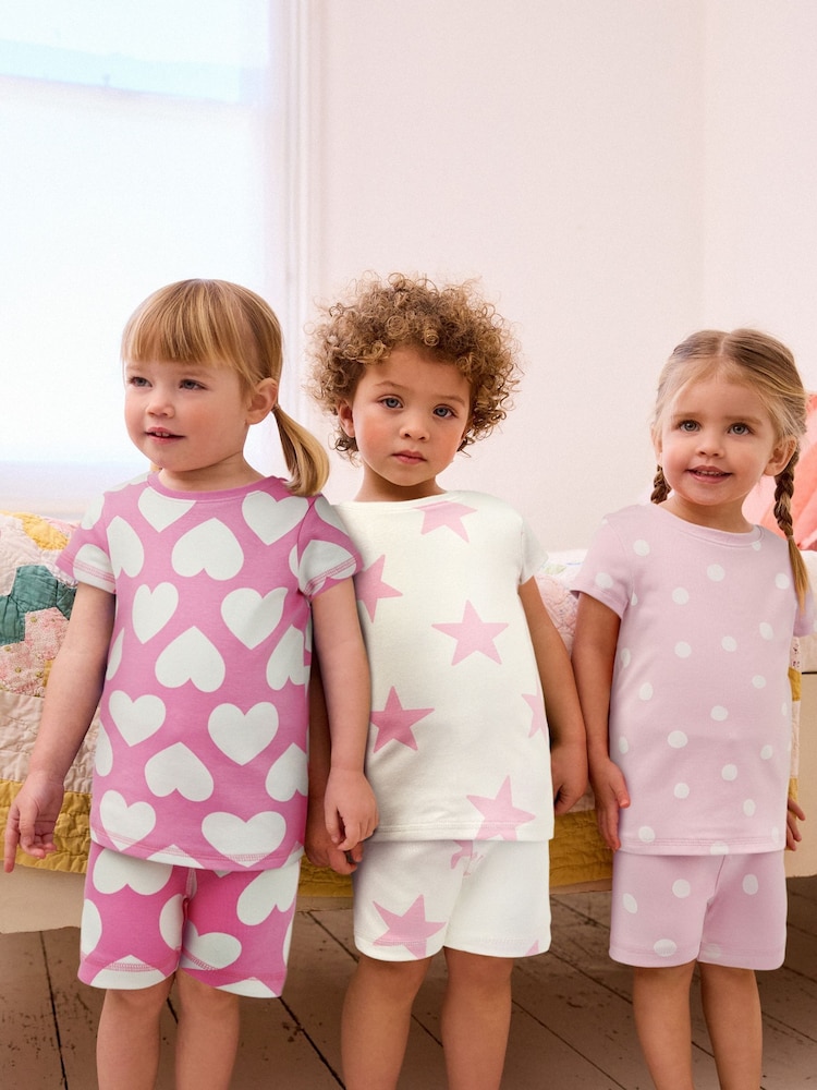 Pink/White Hearts Short Pyjamas 3 Pack (9mths-12yrs) - Image 1 of 7