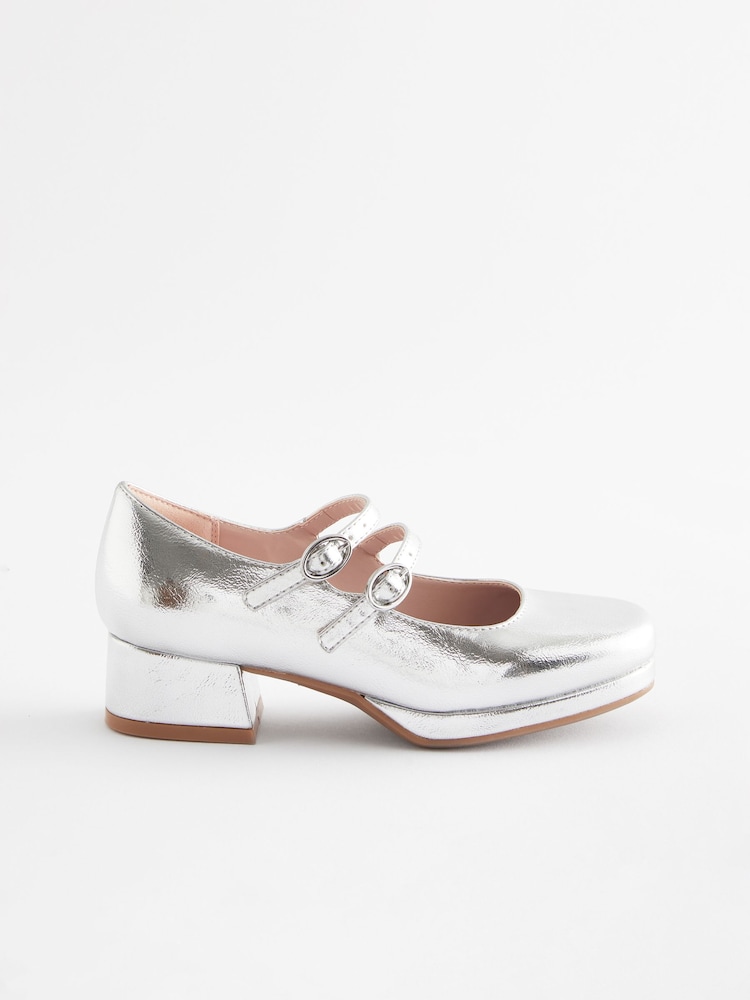 Silver Metallic Double Strap Occasion Platform Heels - Image 2 of 5