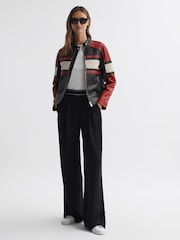 Reiss Black/Red Rae Leather Collarless Zip-Through Jacket - Image 1 of 5