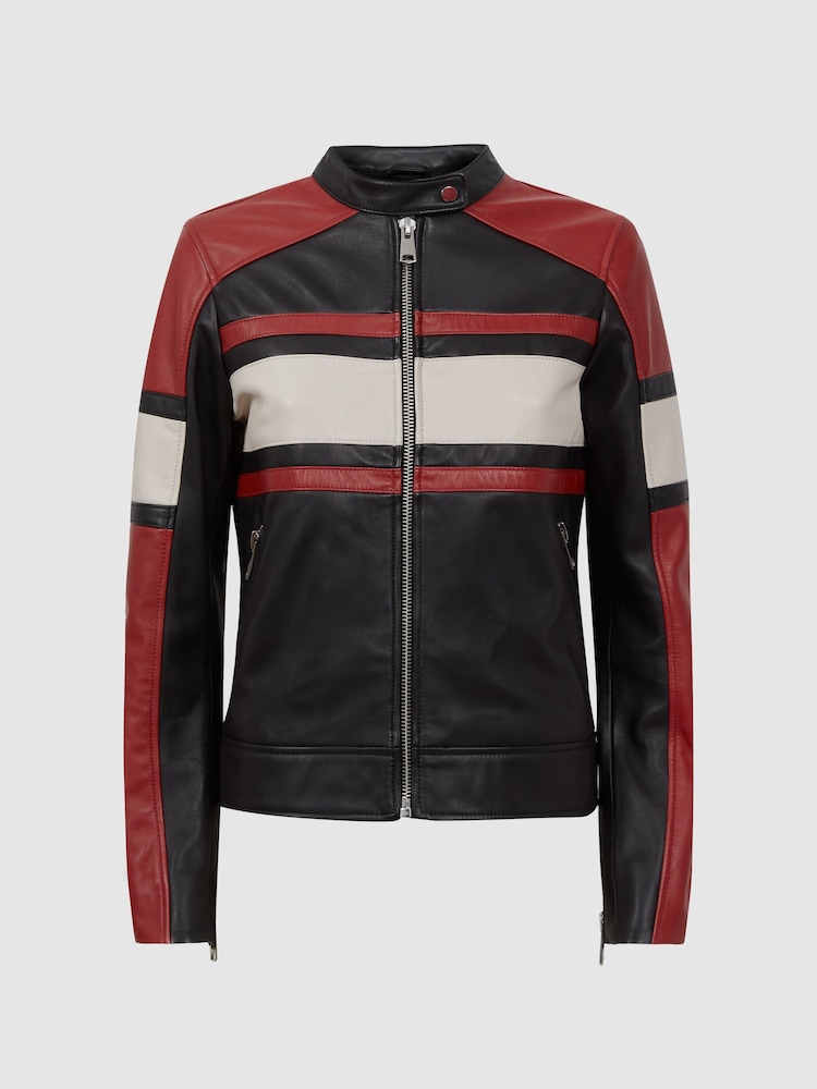 Reiss Black/Red Rae Leather Collarless Zip-Through Jacket - Image 2 of 5