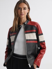 Reiss Black/Red Rae Leather Collarless Zip-Through Jacket - Image 3 of 5