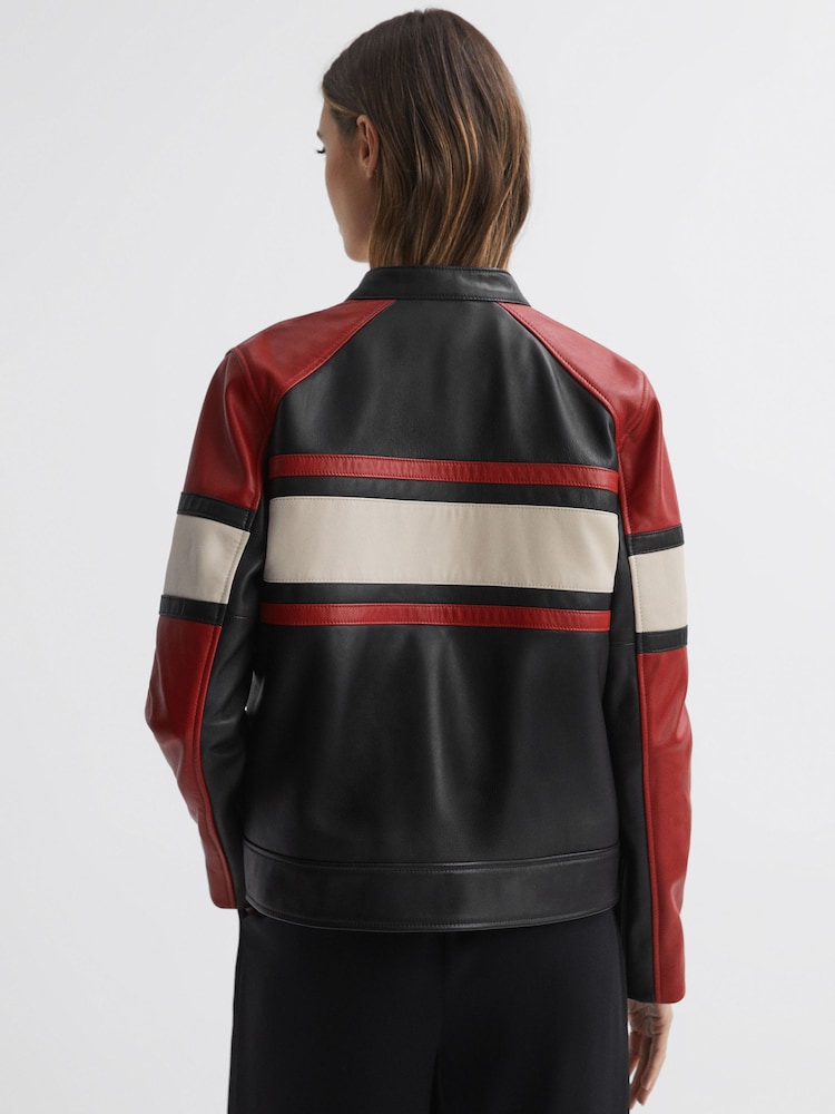 Reiss Black/Red Rae Leather Collarless Zip-Through Jacket - Image 5 of 5