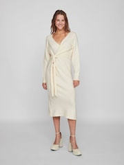 VILA Cream Long Sleeve Knitted Wrap Detail Cosy Jumper Dress - Image 1 of 5