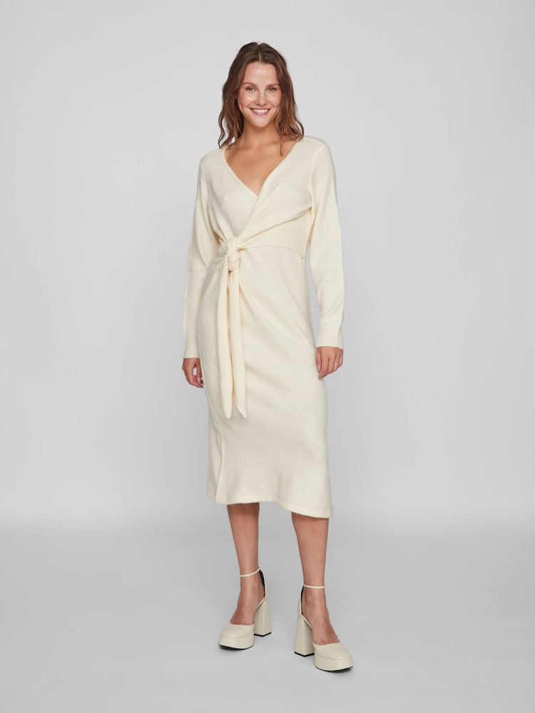 VILA Cream Long Sleeve Knitted Wrap Detail Cosy Jumper Dress - Image 1 of 5