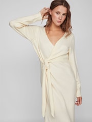 VILA Cream Long Sleeve Knitted Wrap Detail Cosy Jumper Dress - Image 3 of 5