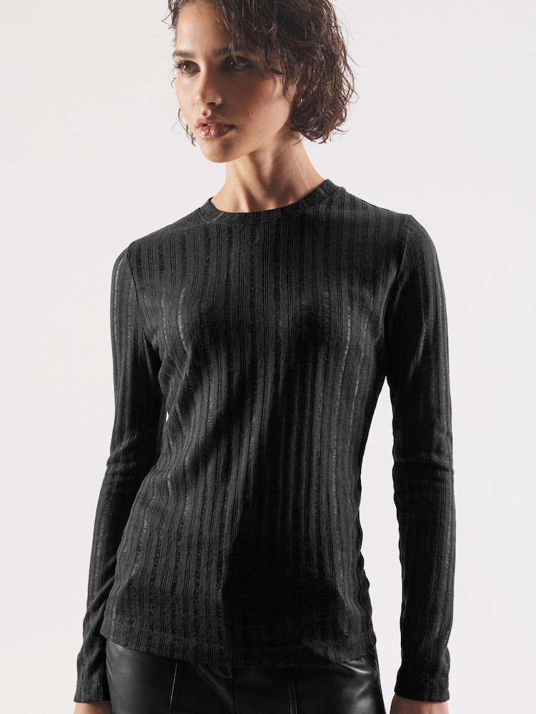 Black Long Sleeve Crew Neck Ladder Top - Image 1 of 6 Black Long Sleeve Crew Neck Ladder Top - Image 1 of 6