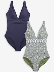 Blocs de bois bleu marine/vert kaki - Lot de 2 maillots de bain gainants à décolleté plongeant - Image 1 of 7