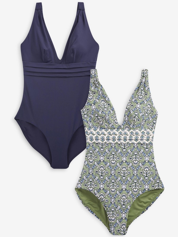Blocs de bois bleu marine/vert kaki - Lot de 2 maillots de bain gainants à décolleté plongeant - Image 1 of 7
