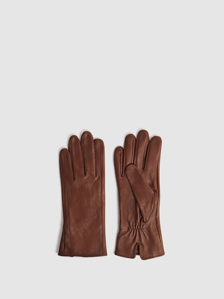 Reiss Tan Giselle Leather Ruched Gloves - Image 1 of 3