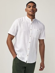 White Grandad Collar Linen Blend Short Sleeve 100% Cotton Oxford Shirt - Image 1 of 7