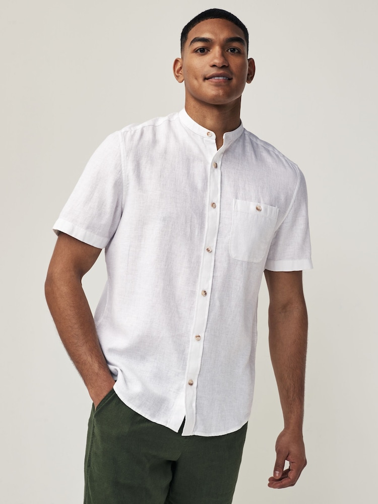 White Grandad Collar Linen Blend Short Sleeve 100% Cotton Oxford Shirt - Image 1 of 7