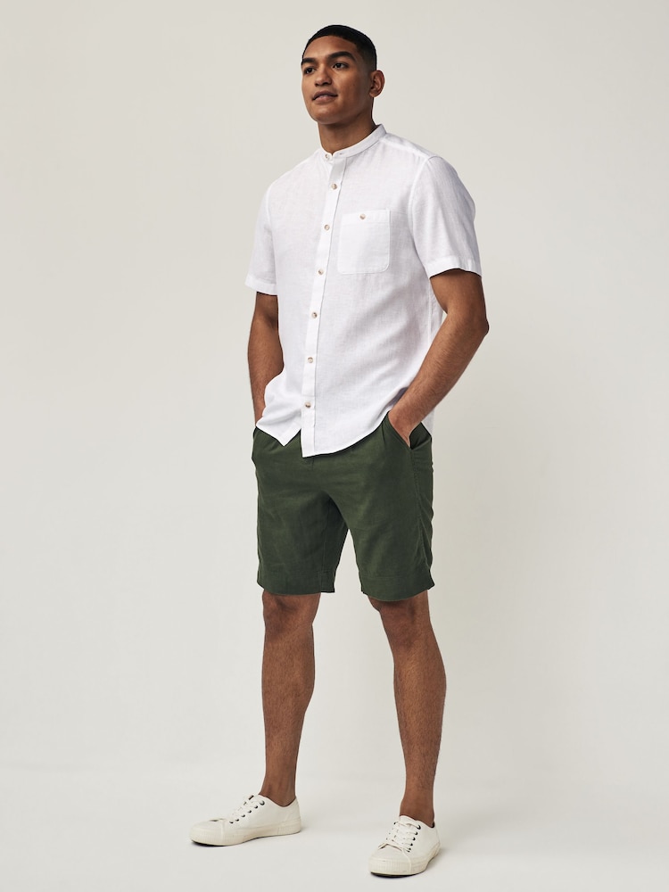 White Grandad Collar Linen Blend Short Sleeve 100% Cotton Oxford Shirt - Image 2 of 7