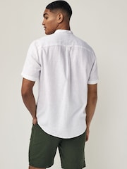 White Grandad Collar Linen Blend Short Sleeve 100% Cotton Oxford Shirt - Image 3 of 7