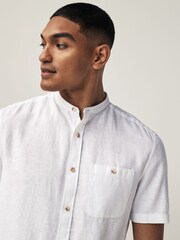 White Grandad Collar Linen Blend Short Sleeve 100% Cotton Oxford Shirt - Image 4 of 7