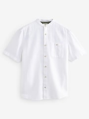 White Grandad Collar Linen Blend Short Sleeve 100% Cotton Oxford Shirt - Image 5 of 7