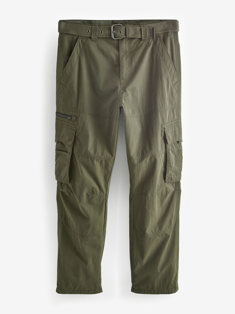 Khaki - Luźny krój - Techniczne spodnie bojówki z paskiem - Image 8 of 12
