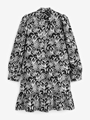 Black/White Feather Print Long Sleeve Mini Shirt Dress - Image 1 of 6