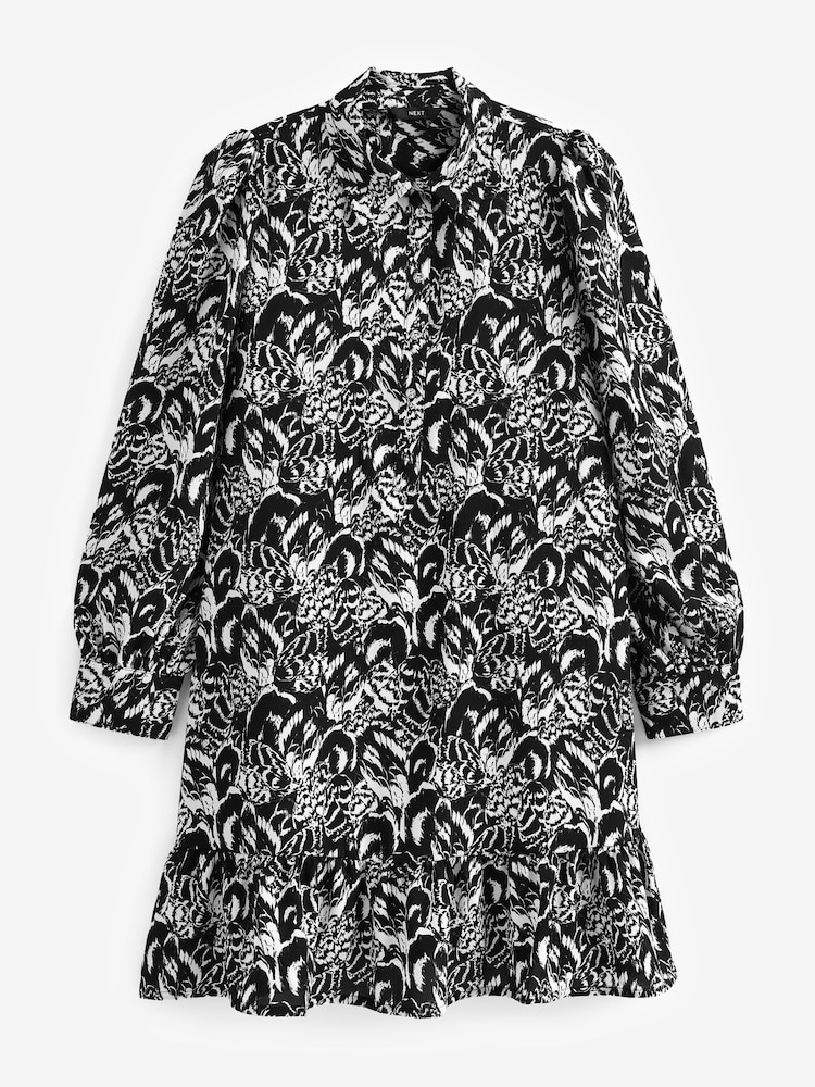 Black/White Feather Print Long Sleeve Mini Shirt Dress - Image 1 of 6