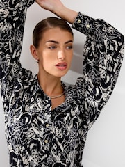 Black/White Feather Print Long Sleeve Mini Shirt Dress - Image 4 of 6