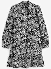 Black/White Feather Print Long Sleeve Mini Shirt Dress - Image 5 of 6