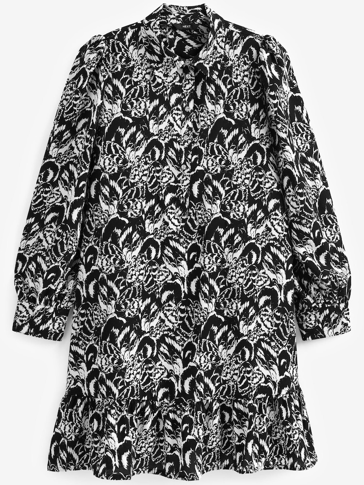 Black/White Feather Print Long Sleeve Mini Shirt Dress - Image 5 of 6