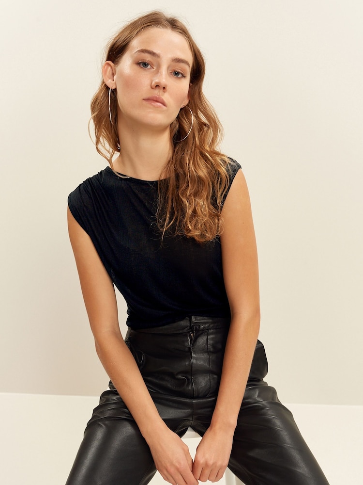 Black Ruched Shoulder Side Detail Vest - Image 1 of 6
