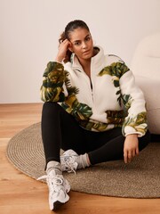 Ecru-Cremefarbener Blattdruck​​​​​​​ - Oberteil aus Teddyfleece mit RV-Kragen - Bild 1 von 6