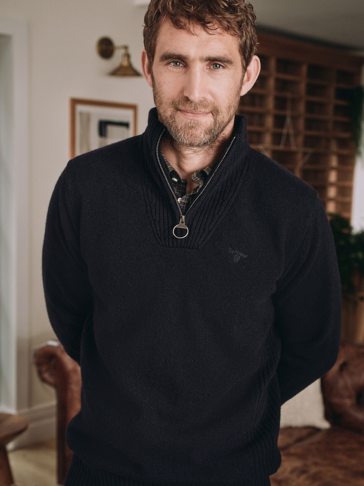 Barbour® Navy Blue Lambswool Quarter Zip Jumper - Image 2 of 9 Barbour® Navy Blue Lambswool Quarter Zip Jumper - Image 2 of 9