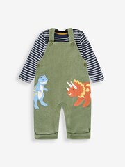 JoJo Maman Bébé Khaki Green Dino 2-Piece Velour Appliqué Dungaree & Top Set - Image 1 of 5