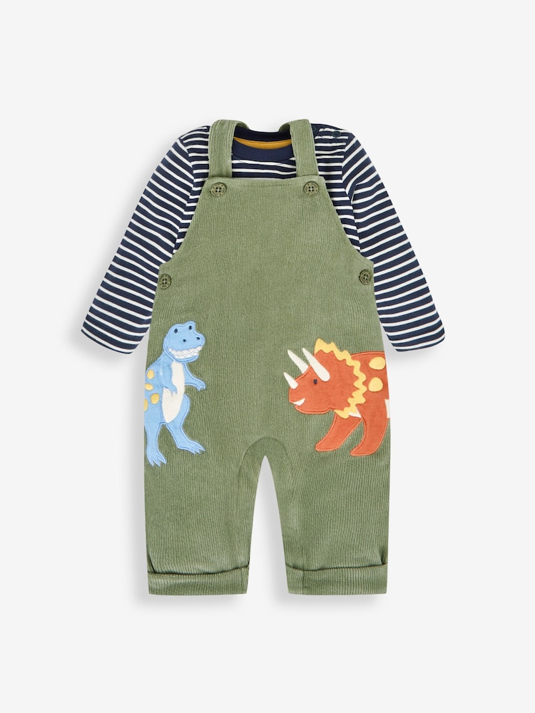 JoJo Maman Bébé Khaki Green Dino 2-Piece Velour Appliqué Dungaree & Top Set - Image 1 of 5