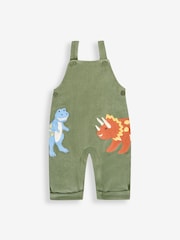 JoJo Maman Bébé Khaki Green Dino 2-Piece Velour Appliqué Dungaree & Top Set - Image 3 of 5