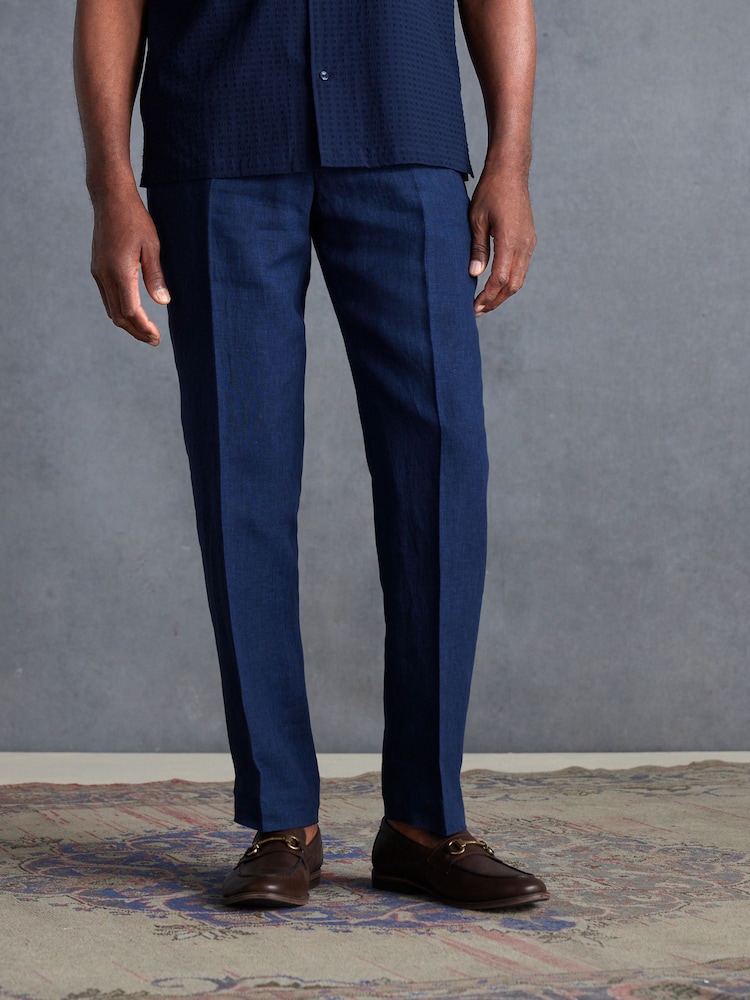 Bleu - Coupe ajustée  Signature Leomaster 100% Lin Costume : Pantalon - Image 1 of 6