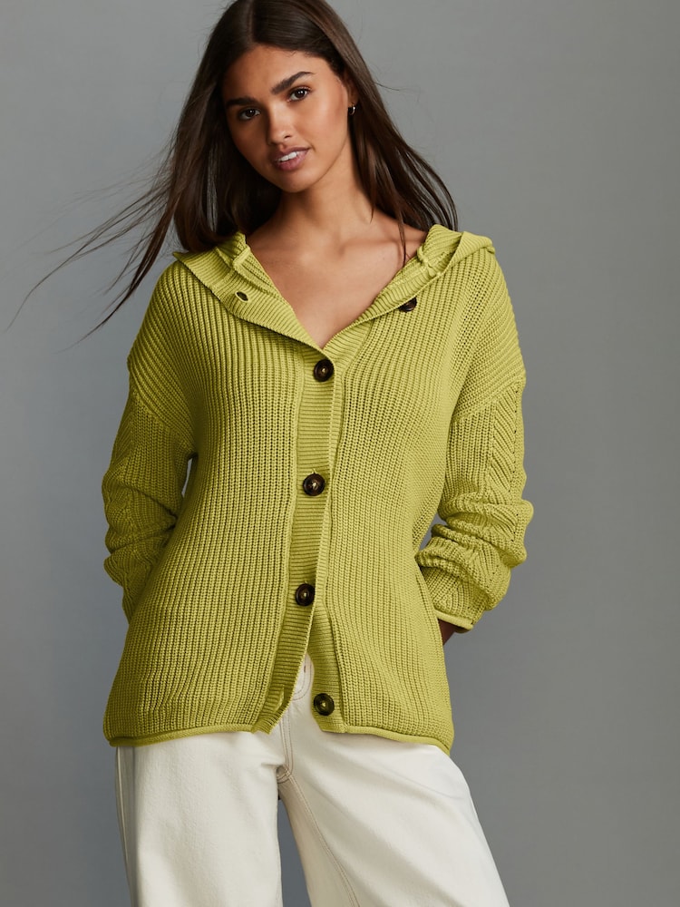 Lime Green 100% Cotton Button Through Hooded Cardigan - Image 1 of 7