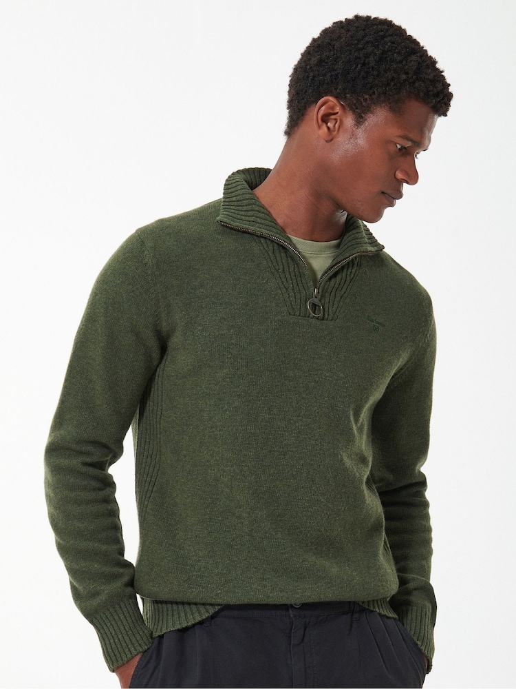 Barbour® Olive Green Lambswool Quarter Zip Jumper - Image 1 of 7