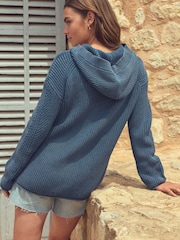 Blue 100% Cotton Button Through Hooded Cardigan - Image 3 of 6