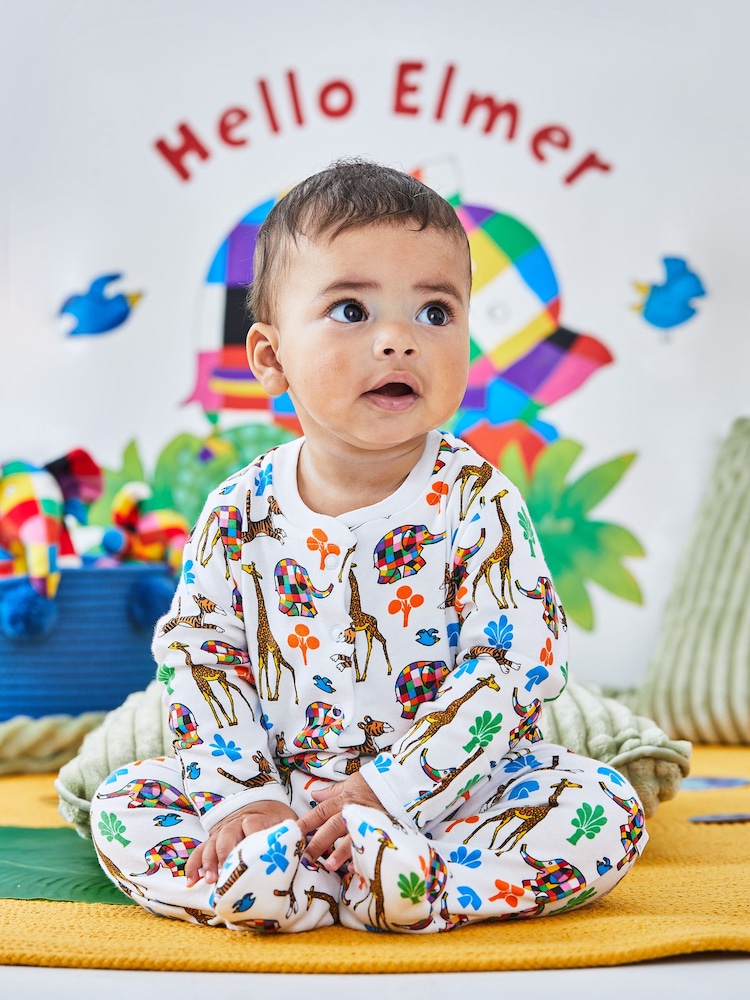 JoJo Maman Bébé Cream Elmer Print Sleepsuit - Image 2 of 3