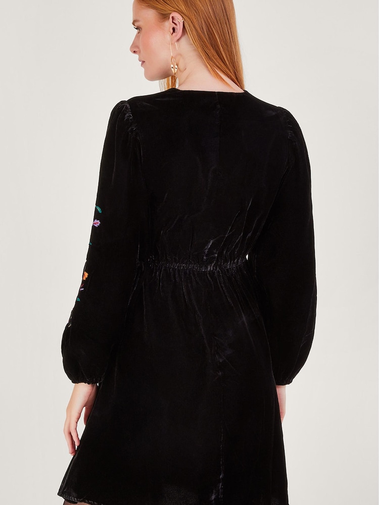 Monsoon Verina Velvet Embroidered Black Dress - Image 2 of 5