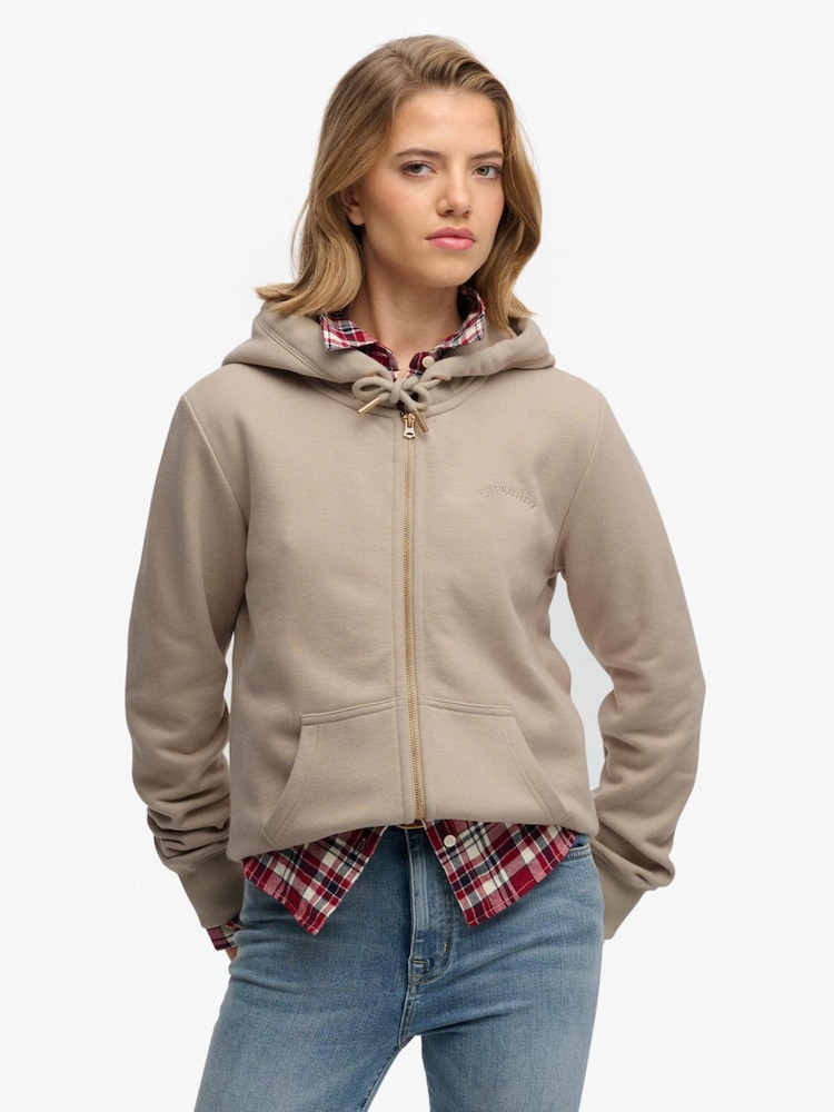 Superdry Nude Essential Logo Zip Half Brushed Hoodie - Image 1 of 7 Superdry Nude Essential Logo Zip Half Brushed Hoodie - Image 1 of 7