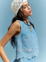 River Island Blue Sleeveless Embroidered Denim Shell Top - Image 3 of 4