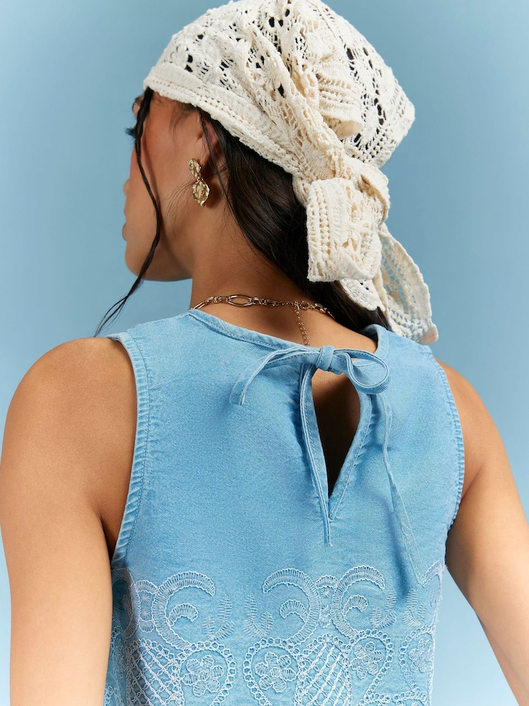 River Island Blue Sleeveless Embroidered Denim Shell Top - Image 4 of 4