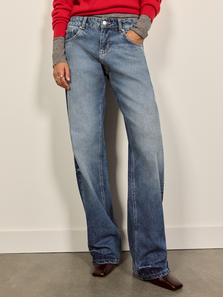 BHOEM Blue Denim Low Rise Wide Leg Contrast Wash Jeans - Image 2 of 5