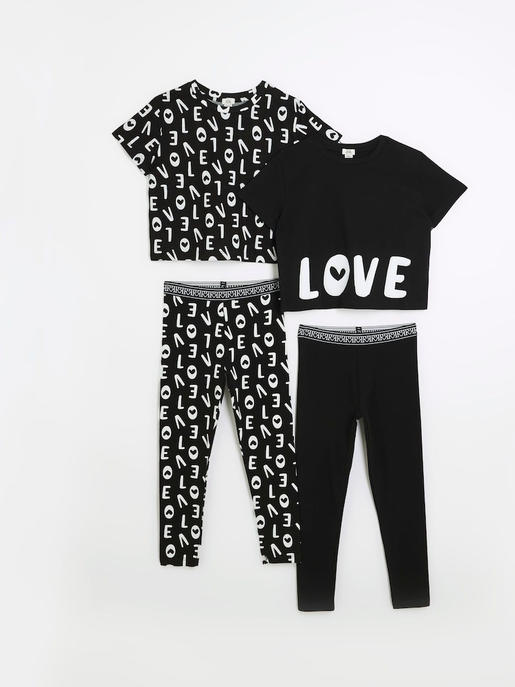 River Island Black Love Girls 100% Cotton T-Shirt and Leggings Sets 2 Pack - Image 1 of 4 River Island Black Love Girls 100% Cotton T-Shirt and Leggings Sets 2 Pack - Image 1 of 4