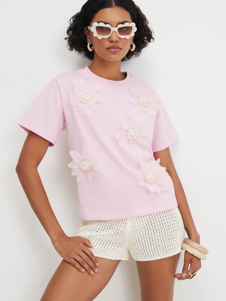 River Island Pink Short Sleeve Boutique 3D Floral T-Shirt - Image 1 of 4