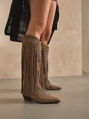 Mink Brown Forever Comfort® Suede Fringe Knee High Western Cowboy Boots - Image 1 of 10
