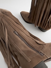 Mink Brown Forever Comfort® Suede Fringe Knee High Western Cowboy Boots - Image 10 of 10