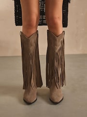 Mink Brown Forever Comfort® Suede Fringe Knee High Western Cowboy Boots - Image 4 of 10