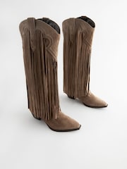 Mink Brown Forever Comfort® Suede Fringe Knee High Western Cowboy Boots - Image 6 of 10