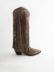 Mink Brown Forever Comfort® Suede Fringe Knee High Western Cowboy Boots - Image 7 of 10