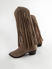 Mink Brown Forever Comfort® Suede Fringe Knee High Western Cowboy Boots - Image 8 of 10